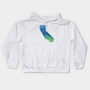 California Sate Map with Pacific ocean blue and green watercolors waves Kids Hoodie